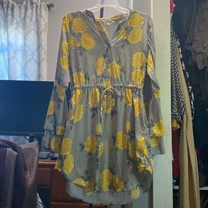 Short, long, bell sleeved sunflower and striped dress.